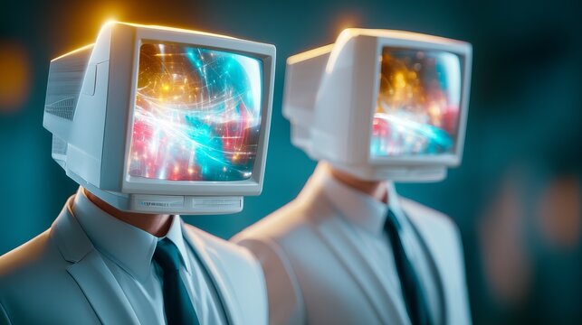 Business Figures in Sharp Suits with Computer Screens for Heads Standing Together