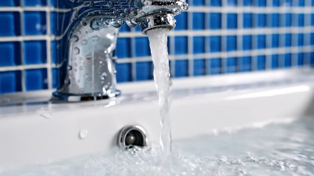 Modern chrome faucet with running water in bathroom with blue tiles and white sink