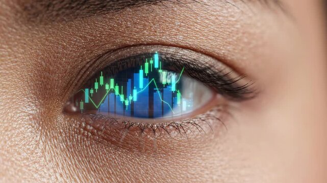 Businesswoman eye finance data reflection stock chart trading graph analytics closeup focus investment strategy technology vision market analysis