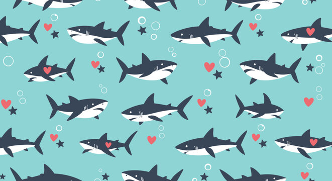 Playful seamless pattern featuring cute sharks with hearts and stars underwater on a bright turquoise background for children designs.