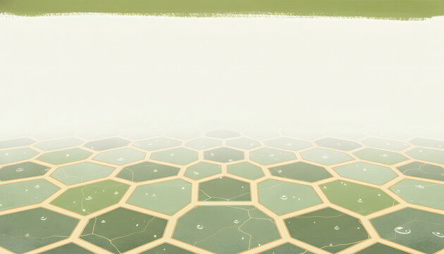 Stylized green turtle shell mosaic background featuring watercolor scute textures, subtle water droplets, and large copy space area