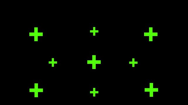 A minimalist 4K motion graphic overlay featuring a grid of plus signs animated with a seamless opacity fade loop out effect on a black background.