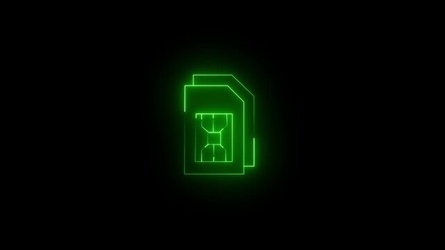Neon sim card icon animation, glowing sim card outline loop 4k motion graphic. sim card icon stroke line moving black background.