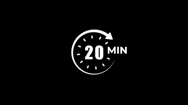 Timer 20 minutes clock symbol white animation minimalist on a black background.
