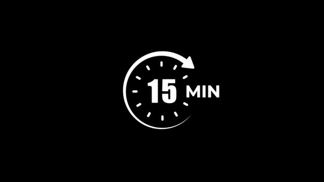 Timer 15 minutes clock symbol white animation minimalist on a black background.