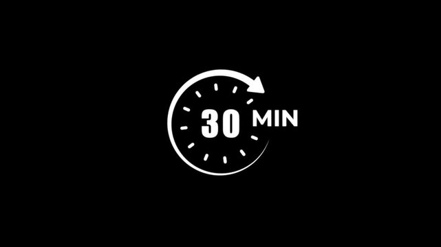 Timer 30 minutes clock symbol white animation minimalist on a black background.