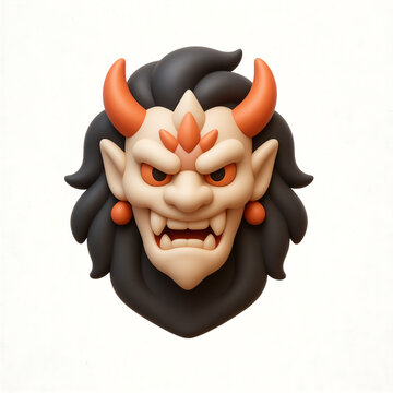 A digital illustration of a fierce demon's face with horns and sharp teeth