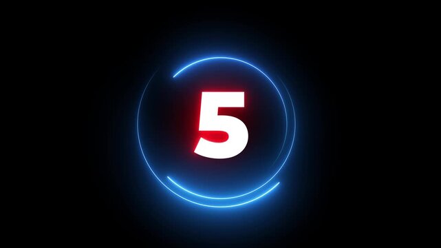 10 second countdown timer animation with neon number text glowing from 10 to 0 with interesting circle animation.