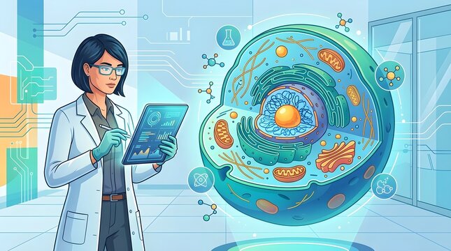 Female scientist in lab coat holding a digital tablet to analyze a large 3D human cell cross section model showing organelles, flat vector illustration of biology research, cytology, and biotechnology