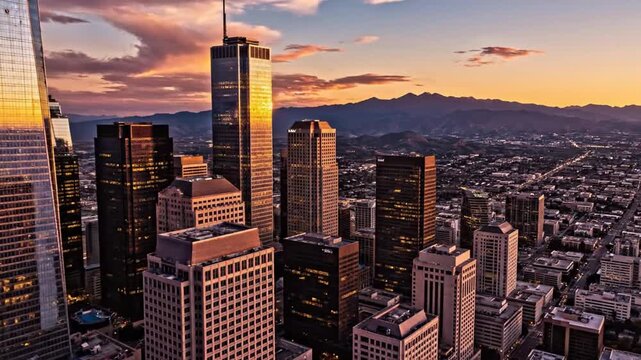 Modern city skyline with skyscrapers at sunset with mountain range in background