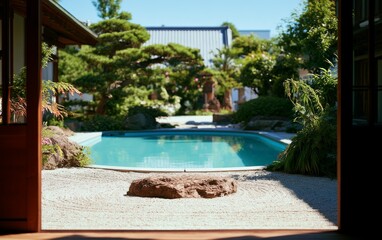 Fototapeta premium Tranquil Japanese Courtyard with Raked Gravel and Serene Water Feature