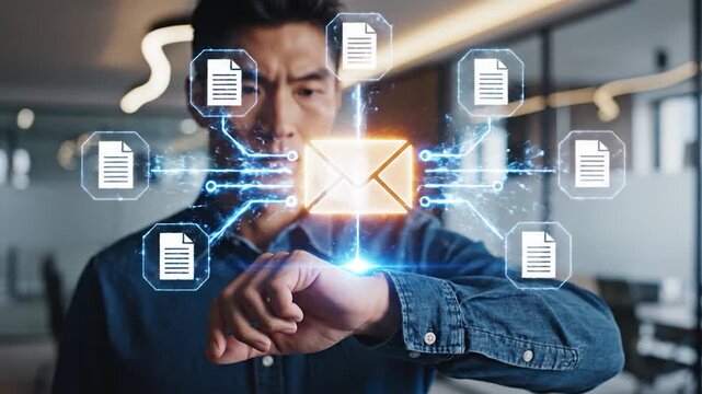 Young businessman interacting with glowing digital email icon in modern office