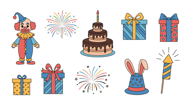 Festive collection of party and birthday elements includes a clown cake gifts fireworks and a rabbit in a magic hat.