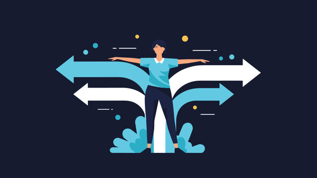 Woman stands at a complex junction with multiple white and blue arrows pointing in different directions representing life choices.