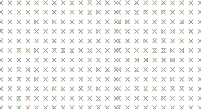 Abstract geometric pattern consists of repeating green and brown crosses and triangle shapes on a white background.