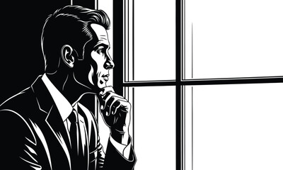Black and white line art vector illustration of a pensive thoughtful businessman looking out of a large window while holding his chin. © Adib