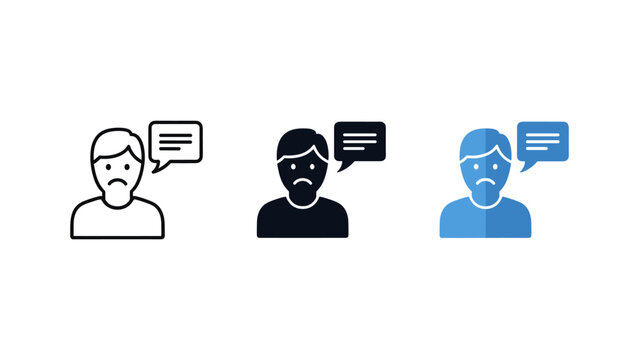 Sad person speaking icon set with speech bubble speaking communication feedback complaint negative