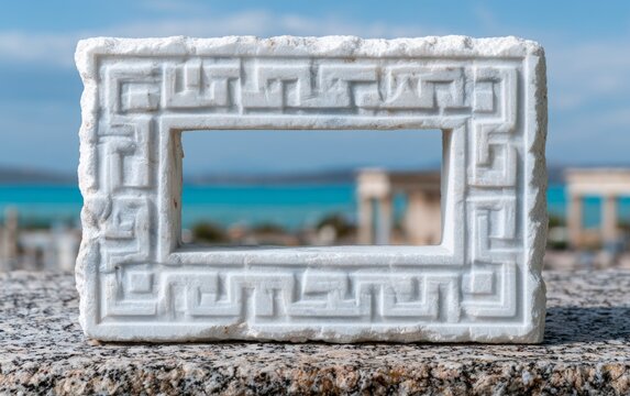 Carved Marble Frame with Greek Key Meander Design against Scenic Background