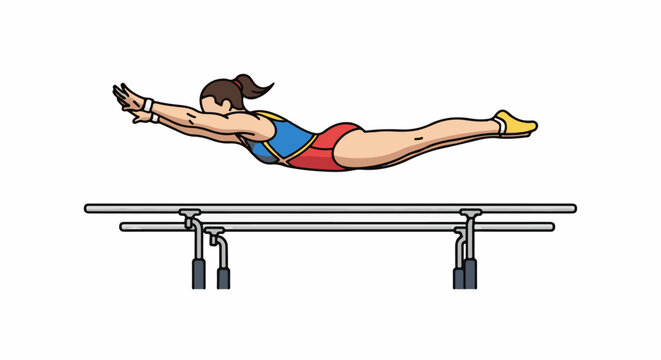 A female gymnast in mid-air performing a skill on the uneven bars