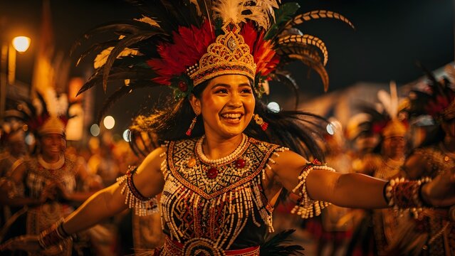Dayak woman dancing in traditional Iban attire at Gawai Dayak festival