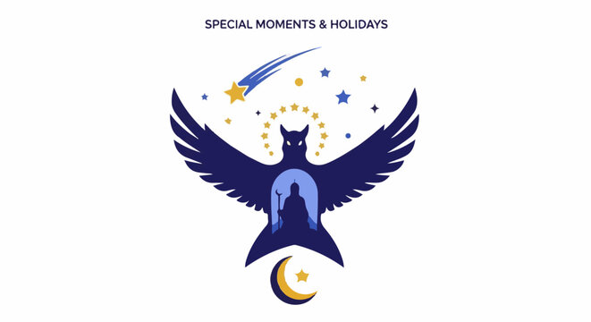 A graphic illustration of an owl with outstretched wings, surrounded by stars and a crescent moon