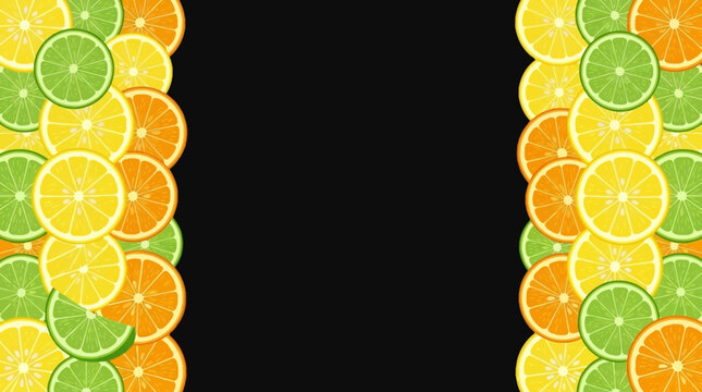 Colorful citrus fruit slices border lemon lime orange