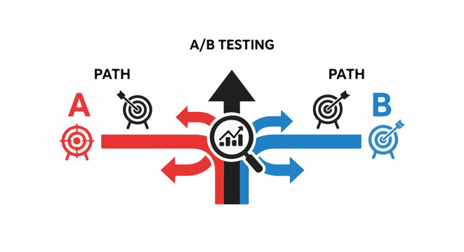 A graphic illustrating A/B testing process with arrows and targets