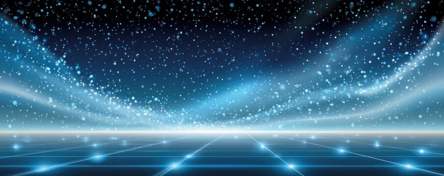 Futuristic blue digital background with glowing grid and floating particle lights