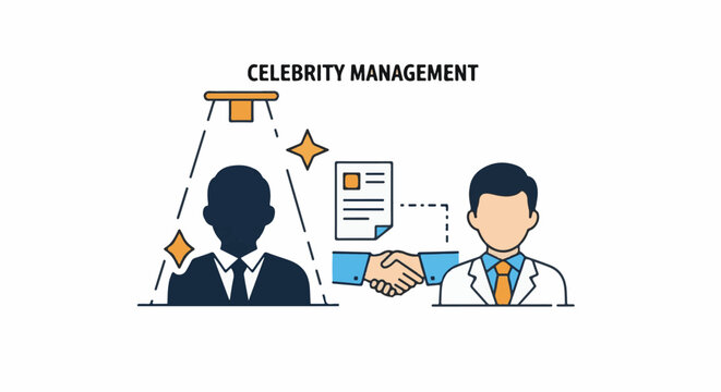 A graphic illustration of celebrity management with a suited figure under a spotlight and a manager in a handshake