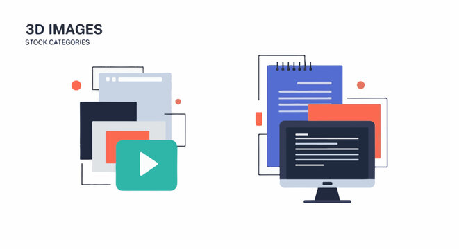 A graphic illustration of two computer icons with documents and play button