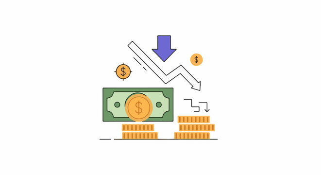A graphic illustration of a green banknote with gold coins and bars with arrows