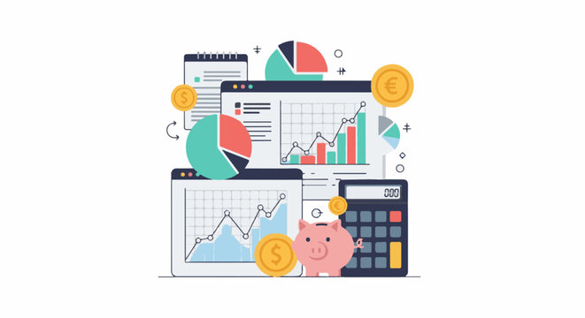 A graphic illustration depicting finance and business elements
