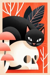 Obraz premium Black cat perched on a skull in a playful spooky Halloween illustration with mushrooms