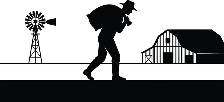 Detailed black and white silhouette illustration of a hardworking farmer wearing a hat carrying a heavy sack on his back walking towards a rural barn.