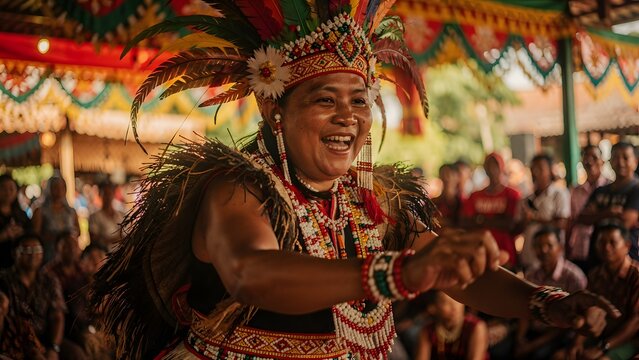 Traditional Dayak dancer performing in native costume at Gawai festival