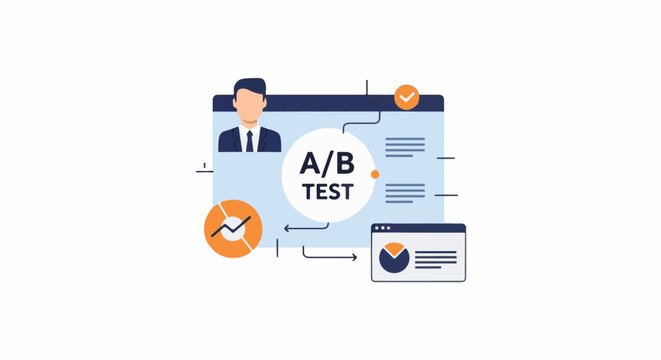 A graphic illustration of A/B testing concept with a man and two web pages