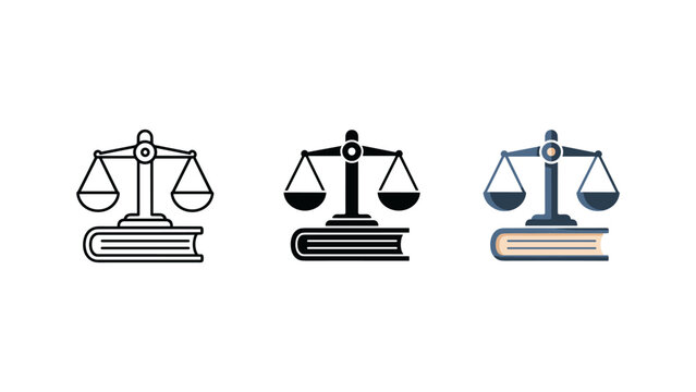 Scales of justice icon set with judgment fairness weighing advocate attorney courtroom legislation