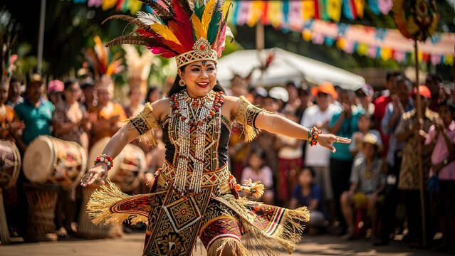 Dayak female dancer performs traditional Ngajat at Gawai harvest festival