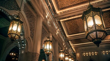 Fototapeta premium Decorative gold lanterns hanging in a grand illuminated ornate mosque interior