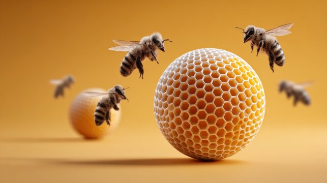 Buzzing honey bees dance around a honeycomb sphere in a vibrant autumn landscape celebrating World Honey Bee Day