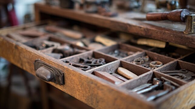 assemblage. A slightly open wooden drawer filled with a collection of small mysterious objects and antique tools. lifestyle magazines.