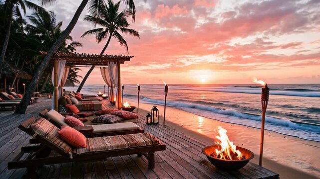 Tropical beachfront lounge deck at sunset with flaming fire bowls, tiki torches, palm trees and lapping waves under a pink sky &mdash; chillout summer beach background