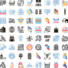Icons illustrating diverse themes from technology and healthcare to travel, education, and business, representing various modern concepts and services © PikePicture