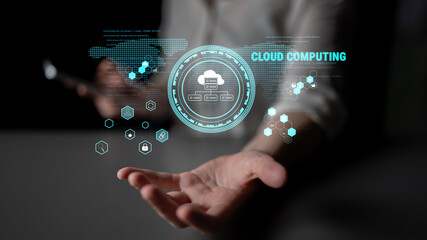 Fototapeta premium Global cloud computing platform providing services for software development. A worldwide network for data storage, security, and application hosting. Motif