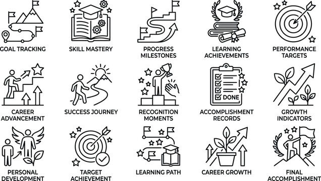 Collection of black line icons for career growth and development concepts