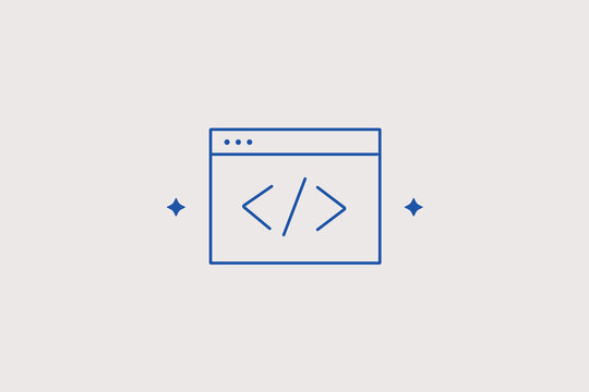 Web browser window with code slash tags line icon for custom software programming, front end development studio. Clean vector illustration for technical services.
