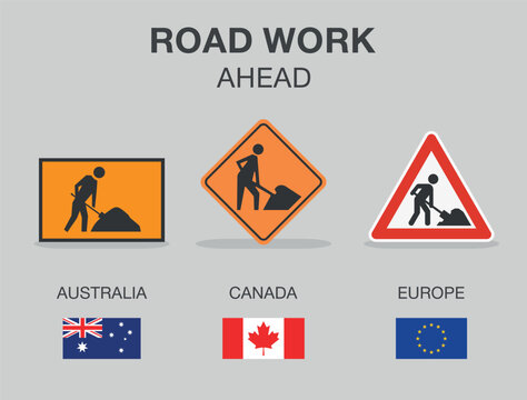 Traffic regulation rules and tips. Road sign types. "Road work ahead" traffic sign in different countries. Flat vector illustration template.