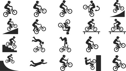 Naklejka premium BMX bike stunt silhouette icons, 20 extreme cycling trick elements, professional bicycle rider performing jumps and flips, black vector set