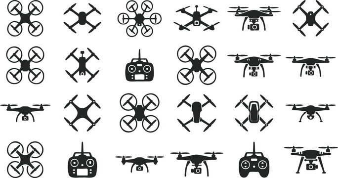 Drone icon set with 24 black silhouettes, quadcopter and hexacopter vector symbols, remote control transmitter icons for aerial photography