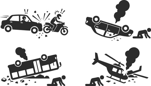 Vehicle accident pictograms set, car and motorcycle collision icons, overturned bus and helicopter crash silhouettes, emergency transport disaster vector